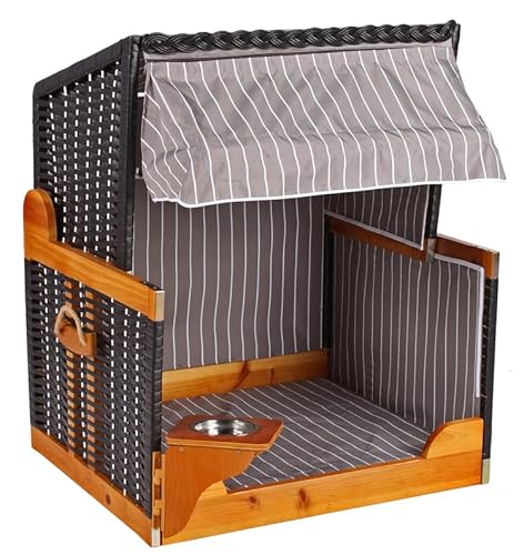 MR. DEKO® Hundestrandkorb Wacholder PE Schwarz | Dessin grau gestreift | Sonnenschutz Hunde und Katzen | Hundebett - Katzenbett mit Futternapf - Edelstahl Wassernapf schwenkbar