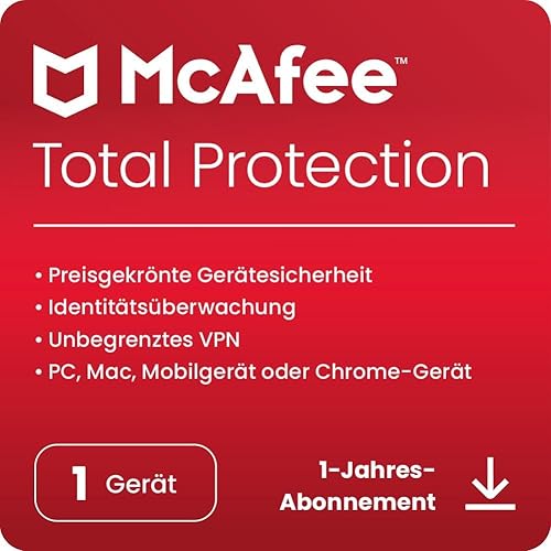 McAfee Total Protection 2024 | 1 Gerät | Virenschutz- und Internet-Sicherheitssoftware | inkl. Unlimited VPN und Dark Web-Überwachung | 1-Jahres-Abonnement | Download-Code