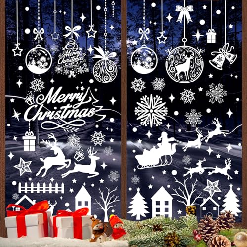 Fensterbilder Weihnachten Selbstklebend, 9 Blatt Weiß Schneeflocken Fensteraufkleber, Weihnachtsdeko Fenster Wiederverwendbar, Statisch PVC Fenstersticker Weihnachten für Winter Glas Fensterdeko