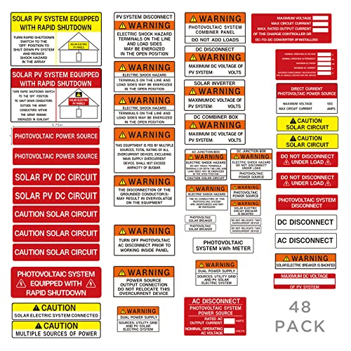 48 Stück PV Solaranlage Installationsetiketten, Joyfulmap Photovoltaik Sicherheitsetiketten, NEC 2020, NEC 2017, Photovoltaik Stromquellenetiketten,Solar PV Sicherheitswarnpaket