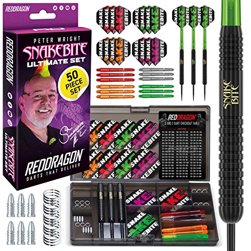 RED DRAGON Peter Wright Snakebite Ultimate 50 Piece Darts and Accessory Set - 22 Gramm Steeltip Dartpfeile