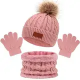 3 in1 Kinder Wintermütze Schal Handschuhe Set, Mädchen Winter Beanie Hut , Strickmütze Set, Beanie Runder Set für 2-7 Jahre