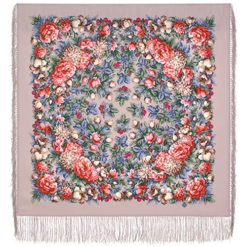 Original Damen Russischer Pawlow Pavlovo Posad Schal Tuch Umschlagtuch mit Seidenfransen 100% Wolle, mit Paisley und Blumen 89cm x 89cm (Braun)