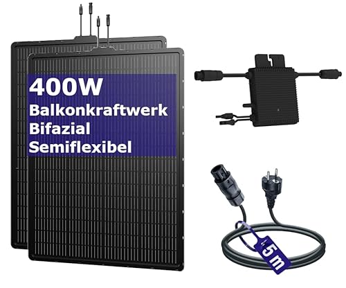 flex-energie Balkonkraftwerk 400Wp Semiflexibel Bifazial Komplettset für die Steckdose |Wechselrichter Hoymiles HM350 | Kabel 5m | Montageset |Balkon Solaranlage | (400Wp HM350 5m Kabel)