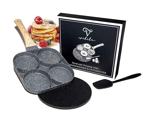 Vikila® Pancake Pfanne | Spiegeleipfanne aus Aluminium mit Antihaftbeschichtung | inkl. Untersetzer & Pfannenwender im Set | inkl. Geschenkbox