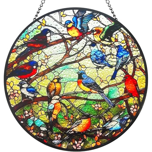 RIVEENY Kolibri Buntglas-Fensterbehang, 20,3 cm, handgefertigter Vogel-Sonnenfänger für Zuhause, Vogelliebhaber, Geschenk