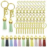 Swpeet 140Pcs Gold Schlüsselanhänger Tassles Kit, Schlüsselanhänger Ringe Bulk, umfassen 35Pcs Schlüsselanhänger Ringe, 35Pcs Schlüsselanhänger Tassles, 35Pcs Hummer Verschlüsse und 35Pcs Jump Ringe