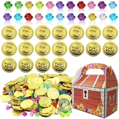 MoguGo 301 Stück Piratenschatz 100 Stück Piratenschatz Goldmünzen 200 Stücke Weihnachtstag Edelsteine und Papier Schatzkiste Kinder Goldmünzen für Kindergeburtstag Schatzkiste Piraten Deko