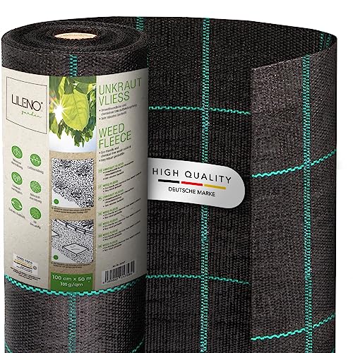 LILENO HOME Anti-Unkrautgewebe 50m² [100 g/qm] - Garten Unkrautfolie Wasserdurchlässig – Reißfestes Bändchengewebe Unkraut-Folie – mit Raster und UV-beständig [1m x 50m]