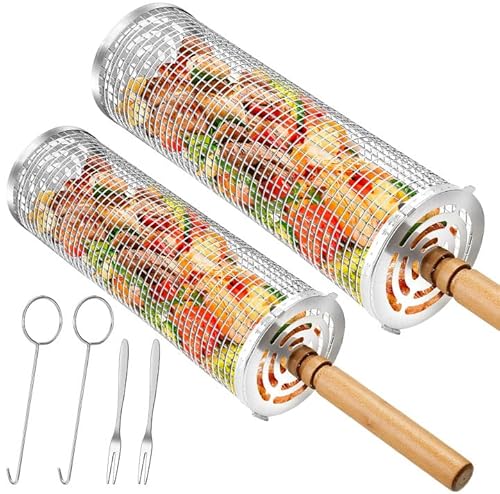 Rollbare Grillkörbe für Außengrill, Grillkorb Gemüse mit Holzgriff, Edelstahl BBQ Netzrohrkörbe, Tragbare Grillkörbe für Außengrill für Garnelen, Fleisch, Gemüse, 2 Stück