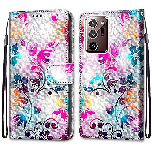 Nadoli Handyhülle Leder für Samsung Galaxy Note 20 Ultra,Bunt Bemalt Gradient Bunt Blumen Trageschlaufe Kartenfach Magnet Ständer Schutzhülle Brieftasche Ledertasche Tasche Etui