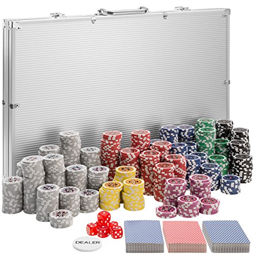 tectake 402561 Pokerkoffer Pokerset mit Laser Pokerchips im Alu Koffer, 1.000 Chips, inkl. 3 Kartendecks + 5 Würfel + 1 Dealer Button, Silber