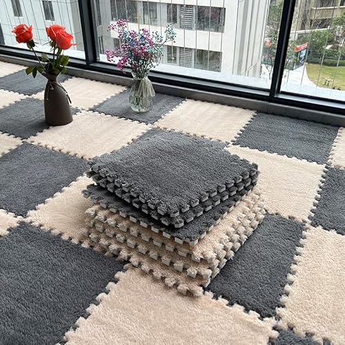 10 Stück Spielmatten aus Plüschschaum, quadratisch, langflorig, Puzzlematte für Spielzimmer, 30 x 30 x 1 cm, Grau Beige