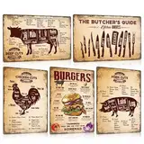 5er Set Blechschilder Retro Essen - BURGERS REZEPTE - BUTCHER GUIDE - BEEF CHICKEN PORK CUTS - Metall-schild grillen Deko für Restaurant Küche Wanddekoration 20x30cm