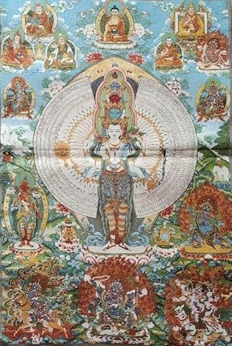 OWLKAY buddhistische Thangka Wandteppich, Seidenstickerei Tibet tibetisches Tuch Seide 1000 Hände 1000 Augen Avalokiteshvara Tangka Thangka Fengshui Wandkunst for Heimdekoration Meditation