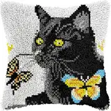 WallustrioaW Tier DIY Latch Hook Set Pillow Case,schwarze Katze und Schmetterling,Sofa Cushion Cover Craft Kit Embroidery Carpet Set Needlework Cushion Cover,home decor gifts,43x43cm