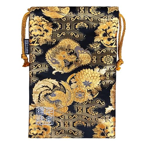 千糸繍院 Brokat-Kordelzugtasche, gefüttert mit Nishijin-Brokat, Hooryu/Kuro, Größe L, Schwarz, Gold, Large, Japanische Tasche mit Kordelzug